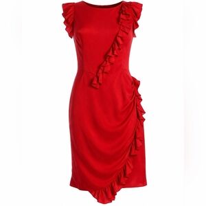 Bensoni  Red Silk Ruffle Dress Womens Size 2 Sleeveless Sheath Cocktail